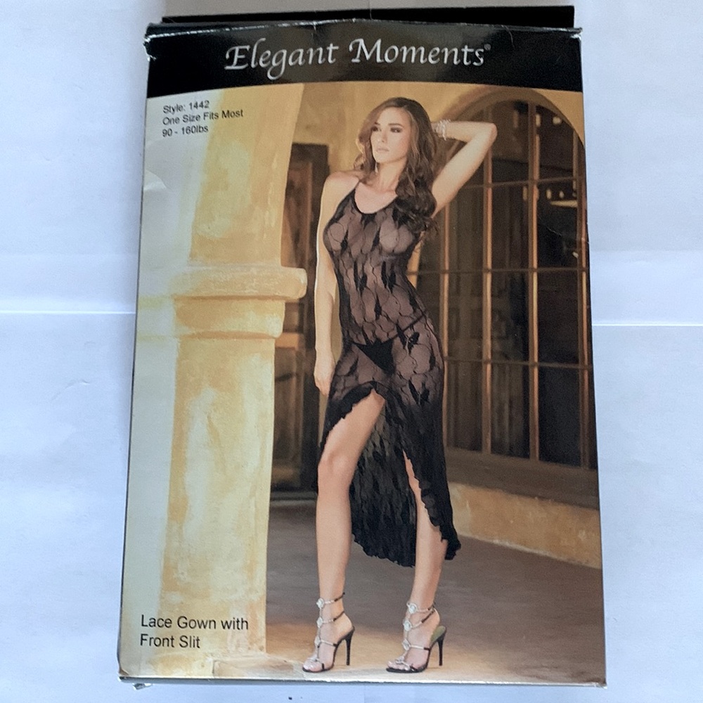 Elegant Moments Super Sultry Black Lace Gown with Front Slit. One Size.